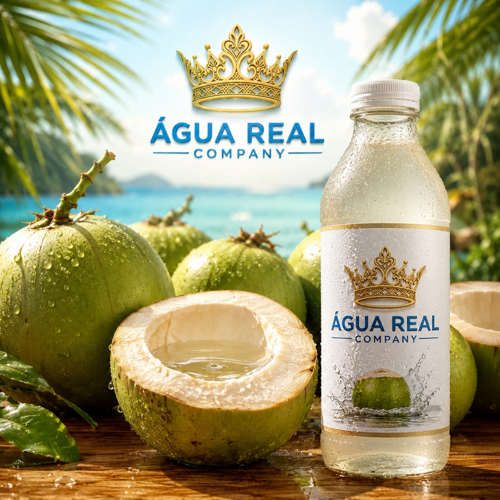 Garrafa de água de coco verde natural gelada e cocos com marca Água Real Company